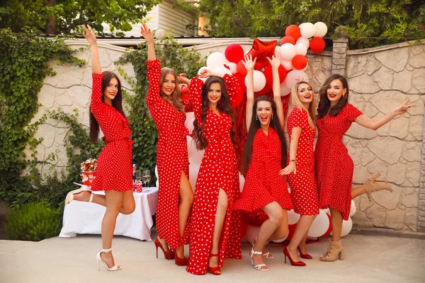 Polka Dot Birthday Party Group Female Friends Enjoying Laughing Women — Stock Photo, Image