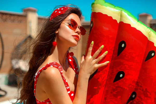 Beautiful Woman Vintage Polka Dots Swimsuit Watermelon Lilo Float Mattress Stock Image