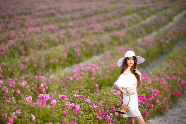 美丽的年轻女子画像 头戴白帽 挂在玫瑰田上 无忧无虑的 快乐的黑发 有着健康的波浪般的头发 在野外享受大自然的乐趣 — 图库照片