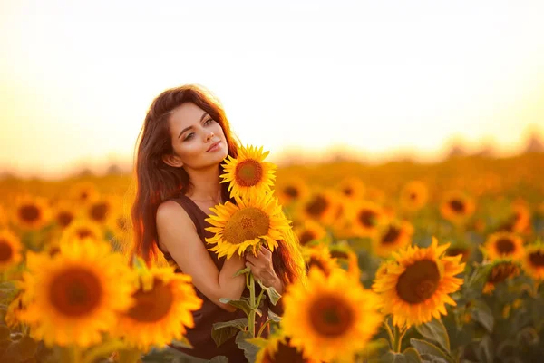 日落时 美丽的少女在向日葵地欣赏大自然 夏天的时间 一头健康的长发 迷人的黑发女人 — 图库照片