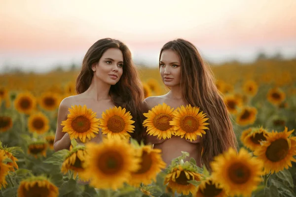 Güzel Neşeli Sağlıklı Uzun Saçlı Iki Kız Ellerinde Ayçiçeğiyle Yazın — Stok fotoğraf