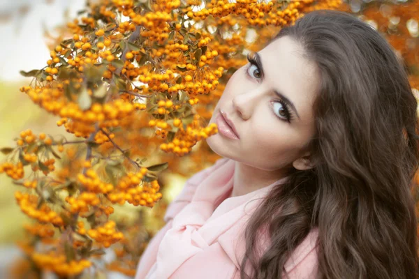 Mooie vrouw herfst portret, kleurrijke park. buiten. — Stockfoto