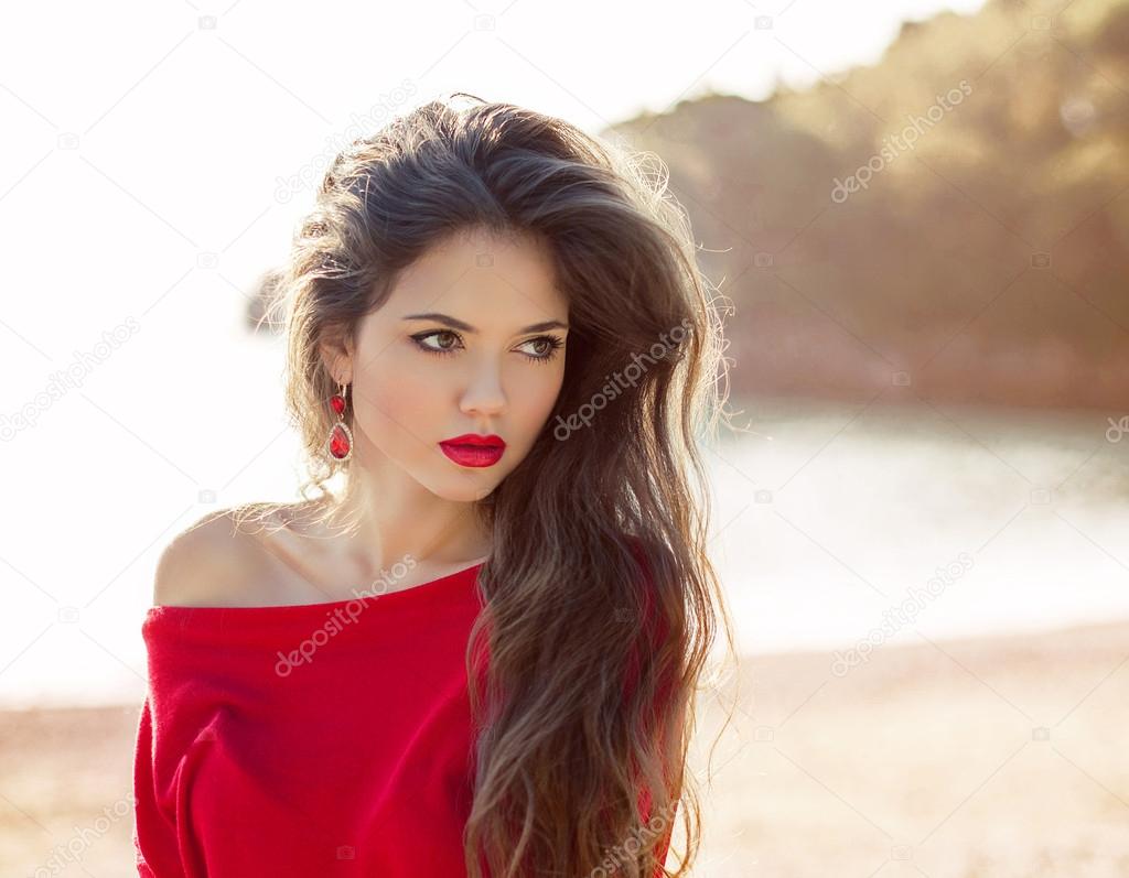 Beautiful teen girl outdoor portrait, fashionable woman with red