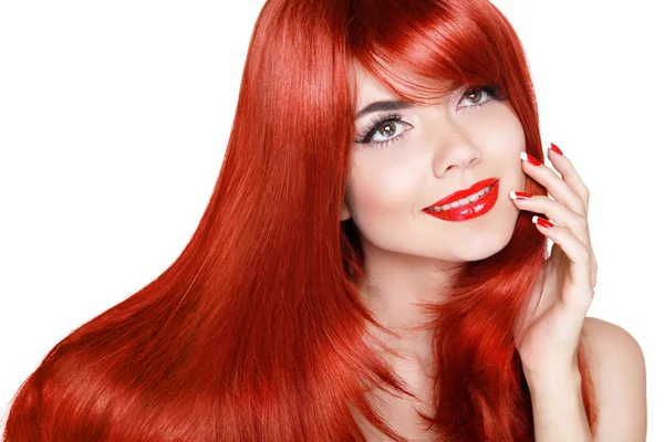 Egészséges, hosszú haj. Gyönyörű lány piros ajkak és a hullámos haj, én — Stock Fotó