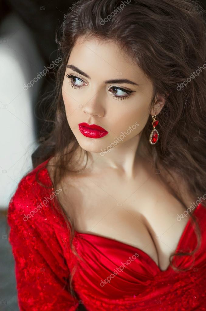 Brunette in red dress