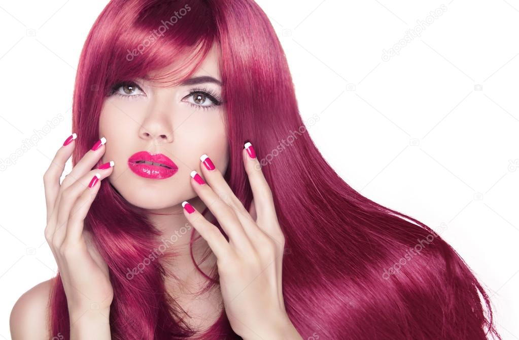 Long wavy shine hair. Attractive girl with manicure nails and be