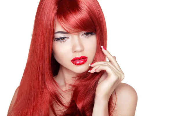 Long shine red hair. Attractive girl with manicure nails and bea — Stock Photo, Image