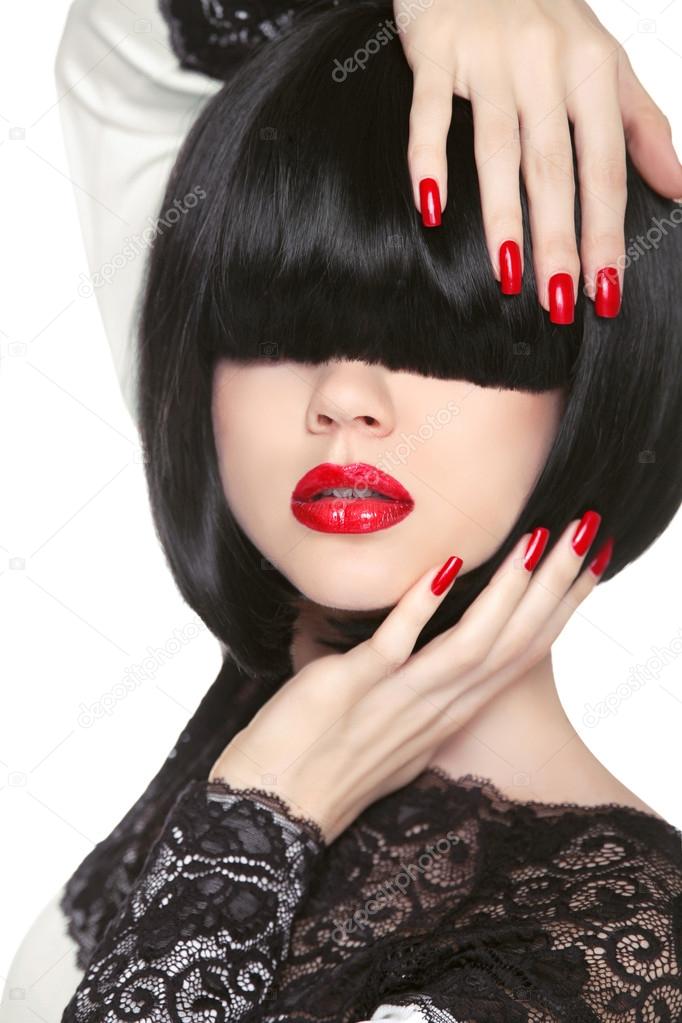 Fashion model. Long Black Fringe. Red sexy lips. Bob Hairstyle. 