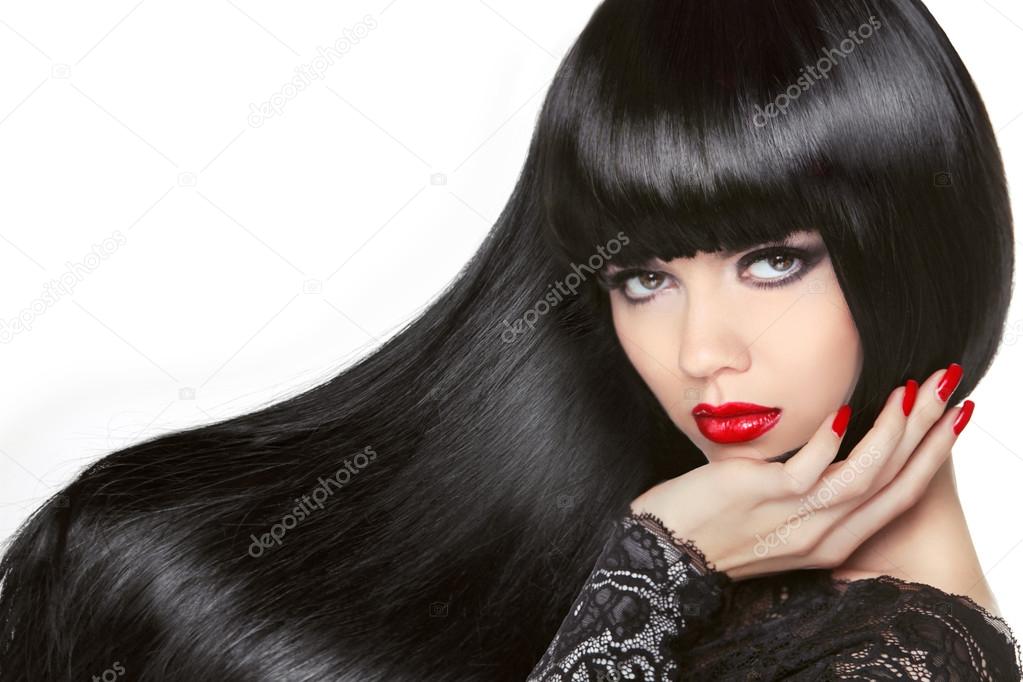 Long Hair. Beautiful Brunette Girl. Healthy Black Hairstyle. Red
