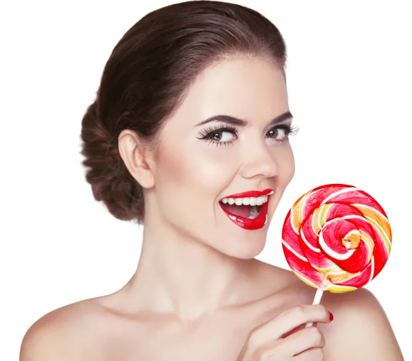 Attractive cheerful Woman with red lips makeup is smiling holdin — Stock Photo, Image