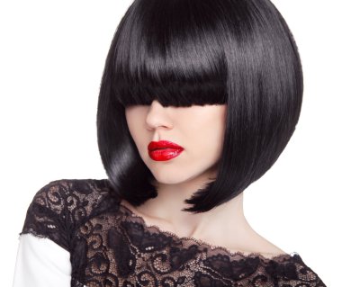 Moda saç kesimi bob. Saç modeli. Uzun Fringe. Kısa saç stili. B