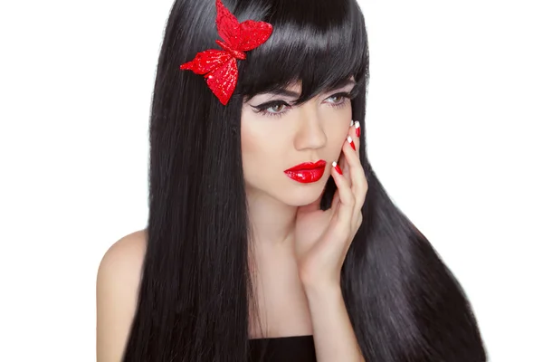 Long black hair. Brunette girl with red lips and healthy hairsty — Stock Photo, Image