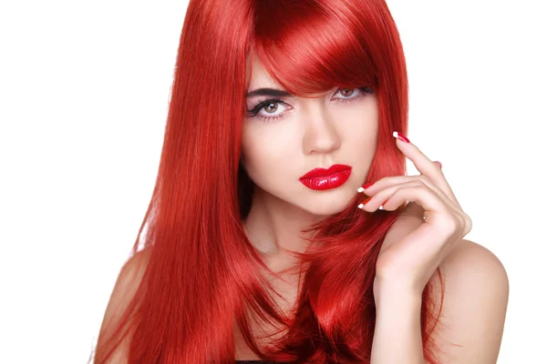 Long red hair. Fashion beautiful girl with makeup, glossy wavy h — Stock Photo, Image