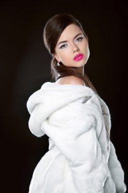 Beauty Fashion Model Girl in white mink Fur Coat. Beautiful Luxu clipart
