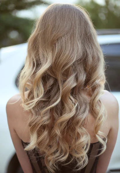 Gezond haar. Gekrulde lange haarstijl. Achteraanzicht van blonde haren. ha — Stockfoto