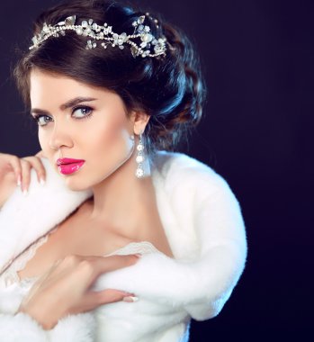 Beauty Fashion Model Girl in white Mink Fur Coat. Beautiful Luxu clipart