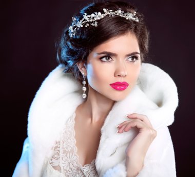 Beauty Fashion Model Girl in white Mink Fur Coat. Beautiful Luxu clipart