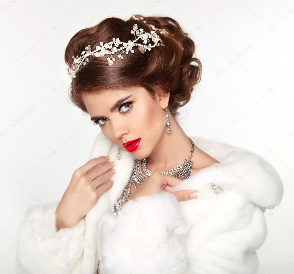 Beautiful woman in fashion white Mink Fur Coat. Luxury Winter Gi