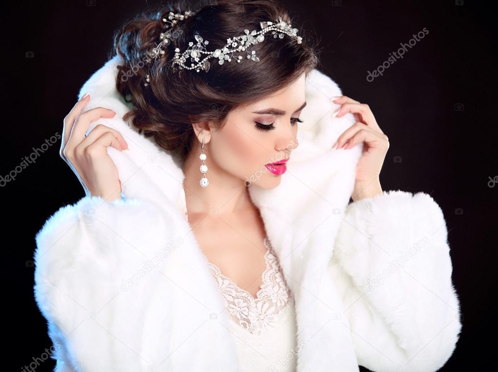 Beautiful Fashion Girl in White Mink Fur Coat. Jewellery. Winter