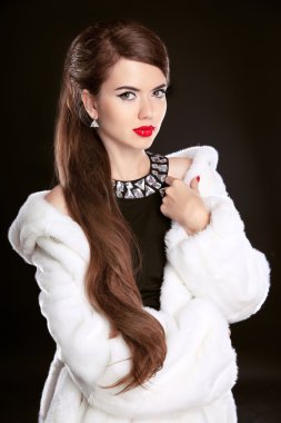 Beautiful fashion Lady in luxury fur coat and elegant black dres
