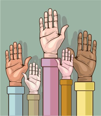 Different color hands lifted up vector clipart