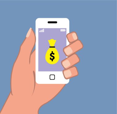Çanta dolusu para Smartphone el App vektör simgesi