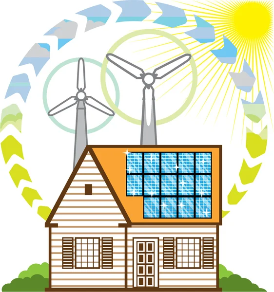 Energia wiatrowa n słoneczny dom mały wektor Eco — Wektor stockowy