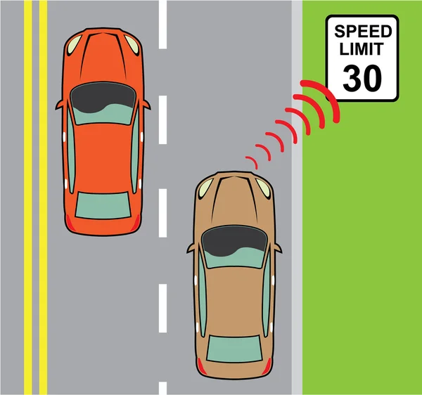 Carro digitaliza sinal limite de velocidade —  Vetores de Stock