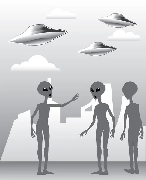 UFO in the sky Aliens On the ground Vector — Stock Vector