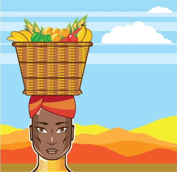 Mujer africana con canasta de comida — Vector de stock