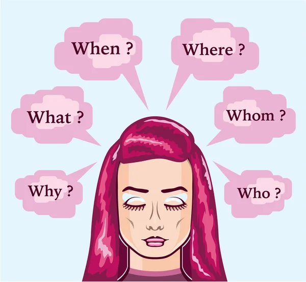 Kvinnan frågar Wh frågor vektor Illustration — Stock vektor