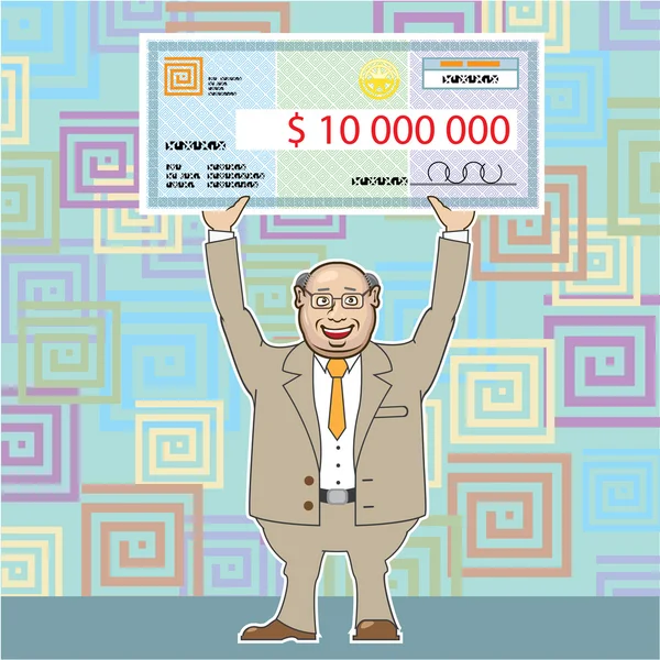 Ganador de la Lotería 10M sosteniendo un vector de cheque — Vector de stock