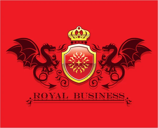Arany koronát és pajzs sárkányok királyi üzleti címer — Stock Vector