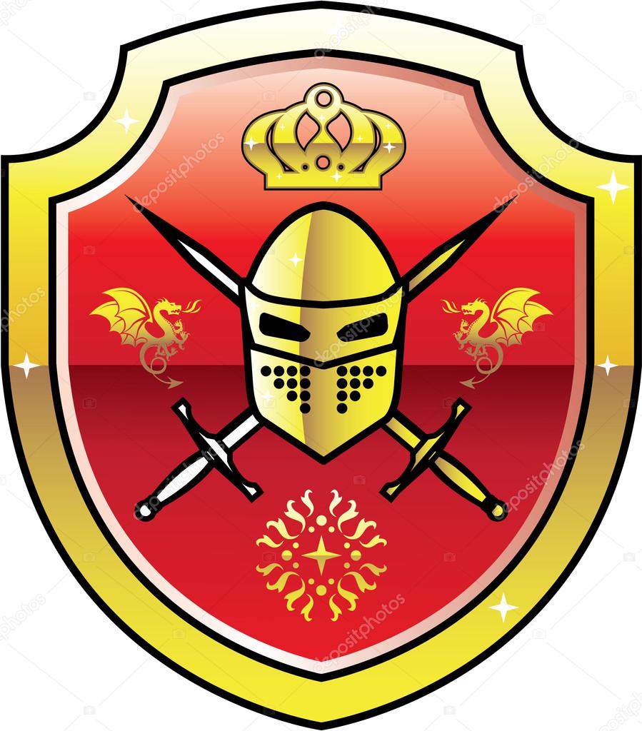 Coat of Arms Royal Knight logo on the Shield with Swords Golden Vector