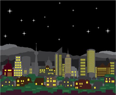 Cityscape gece vektör evleri ve gökdelenler
