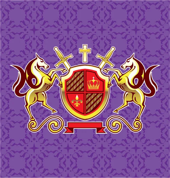 Escudo de caballos de emblema real dorado y espadas Vector Art Purple Background — Vector de stock