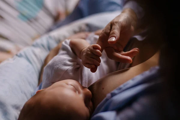 Young mother breastfeeds her newborn at home. Low key dark cozy. Caring togetherness motherhood. Security silence. Innocent. Lactation. Life style small moments real life