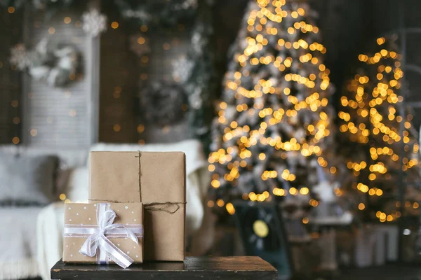 Fondo Regalos Navidad Presente Papel Embalaje Artesanal Cero Residuos Año — Foto de Stock