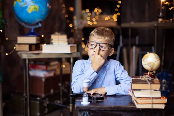 Schoolboy Puts Glasses Back School Concept Boy Nerd Uniform Primary — Stock Photo, Image