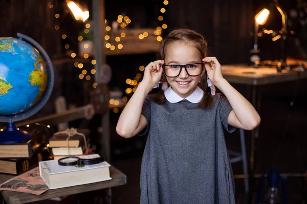 Schoolgirl Puts Glasses Back School Concept Girl Nerd School Uniform — Stock Photo, Image