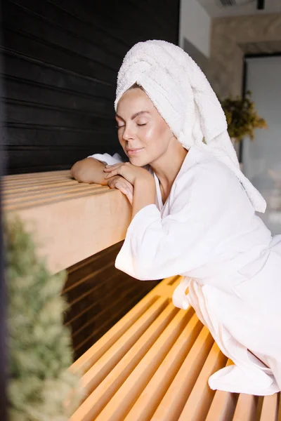 Beautiful Young Woman Bathrobe Relaxing Spa Salon — Stockfoto