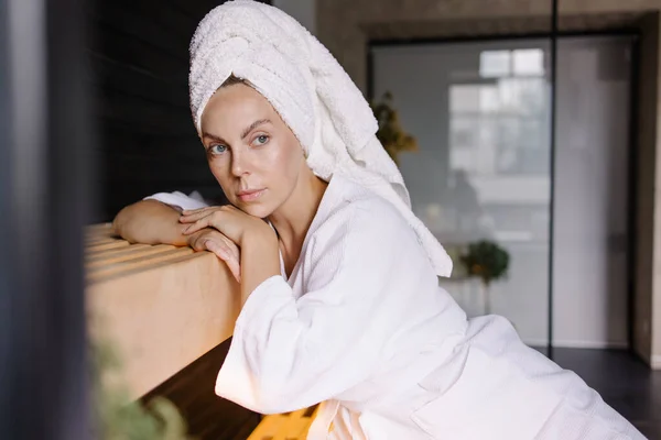 Beautiful Young Woman Bathrobe Relaxing Spa Salon — Stockfoto