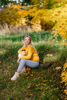 Sonbaharda sarı kazaklı mutlu bayan öğrenci. Güneşli hava güzel. Merhaba October! Paket kahve içeriz. Sonbahar için sıcak kıyafetler. Güzel sarışın kadın. Kız gülümsüyor. Parkta yürü.