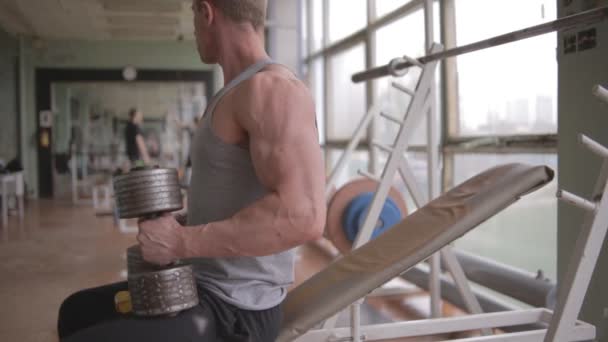 健壮的男人健身房。胸部锻炼 — 图库视频影像