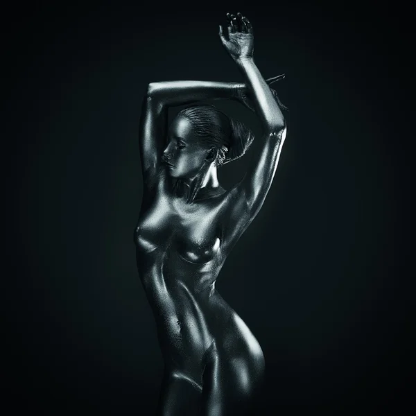 Lady in silver paint front pose — Stock Photo, Image