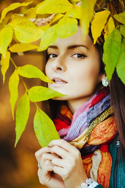 Brünett in gelben Blättern — Stockfoto