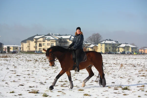 Teenager girl riding bay horse in winter — Stock Photo, Image