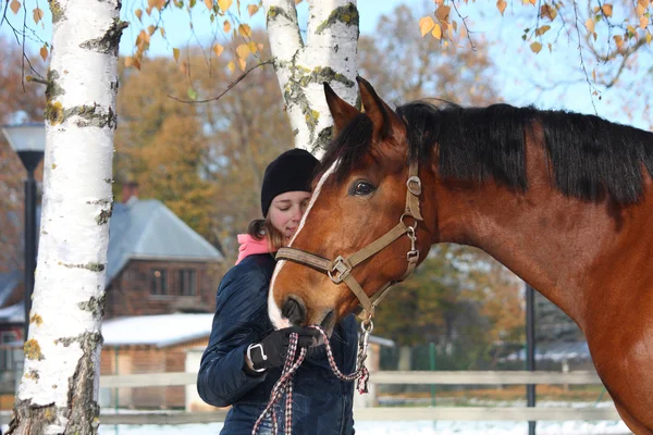 Portrét krásné dospívající dívka a bay koně na podzim — Stock fotografie
