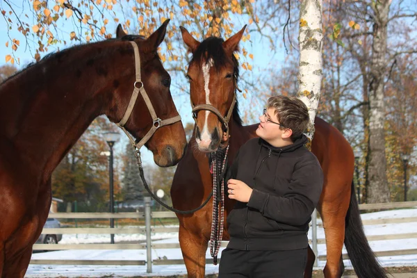 Adolescent garçon et deux brun chevaux — Photo