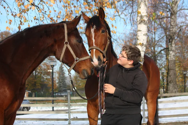 Teenager boy and two brown horses — Stock Photo, Image